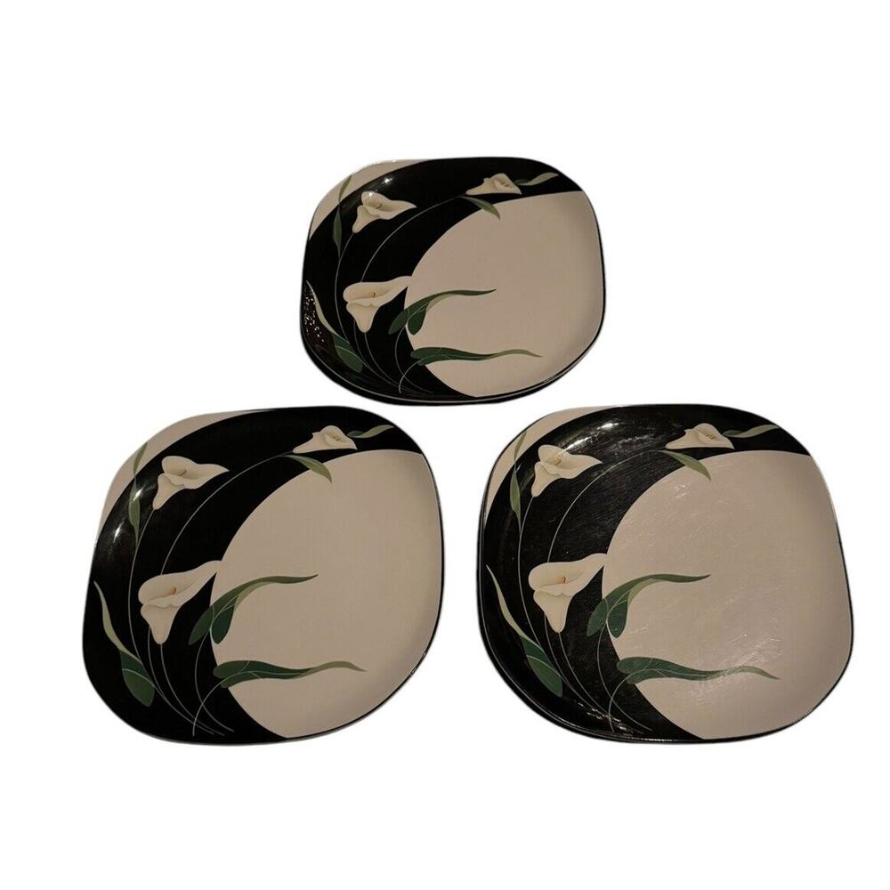 Sango Quadrille Black Lilies 5101 Dinner Plates (3) Floral Semi-Porcelain READ